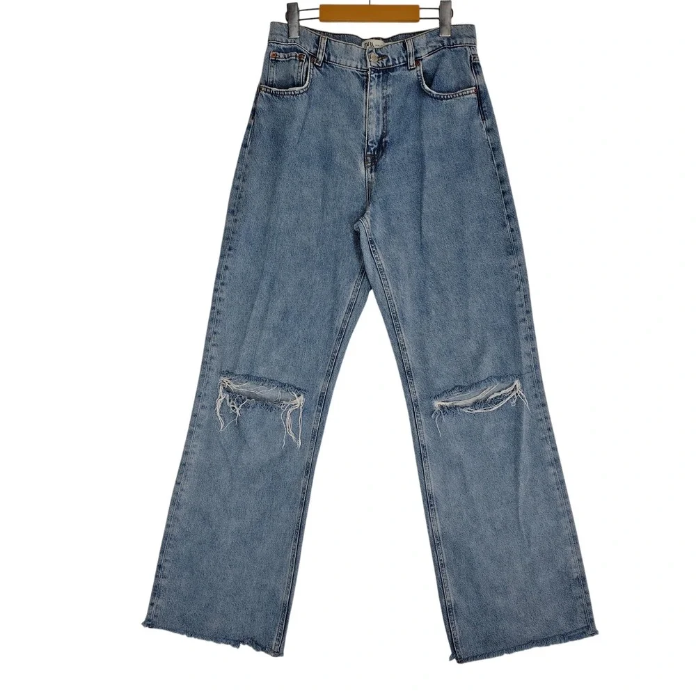 Zara The 90s Full Length Distressed Wide Leg Jeans Light Wash Blue Size 8 - Picture 1 of 8